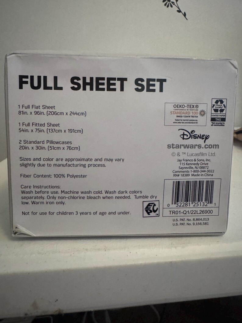 May include: A full sheet set in a box, featuring a flat sheet (81in x 96in), a fitted sheet (54in x 75in), and two pillowcases (20in x 30in). The set is made of 100% polyester and includes care instructions. The box has the Disney Star Wars logo.