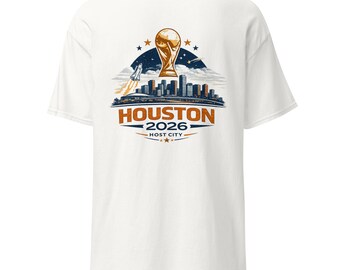 ヒューストン2026開催都市サッカーファンTシャツ、スカイライングラフィックTシャツ