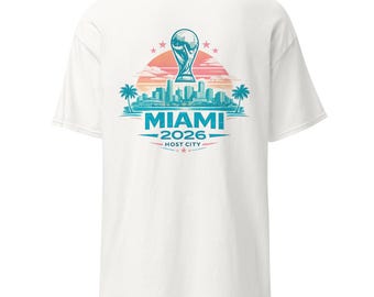 マイアミ2026開催都市サッカーTシャツ、スカイラインフットボールファンTシャツ