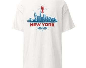 ニューヨーク2026サッカーTシャツ、ニューヨークシティスカイラインフットボールファンTシャツ