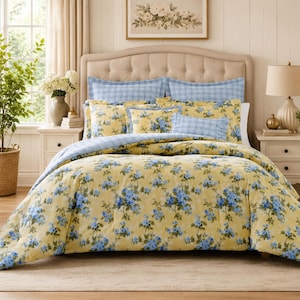 7 Piece French Country Floral Comforter Set with Shams & Pillows | All Season Cotton Reversible Plaid Pattern Cozy Shabby Chic Bedding