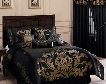 7 Piece Royal Jacquard Floral Comforter Set | All Seasons Durable Two-Tone Soft Lightweight Comfy Luxury Bedding | Traditional Bedroom Decor