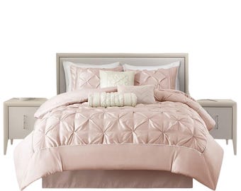 7 Piece Tufted Pintuck Comforter Set Bed in a Bag | Hotel Style Pinch Pleated Faux Silky Soft Luxury Bedding | All Season Bedroom Decor