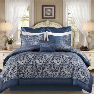 8 Piece Navy Jacquard Comforter Set Bed in a Bag with Bedskirt & Decor Pillows | Elegant Paisley Pattern Lightweight Soft Luxury Bedding