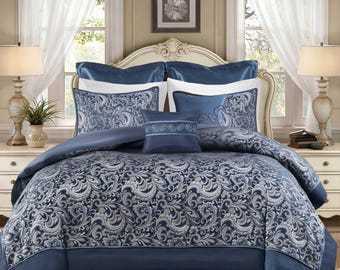 8 Piece Navy Jacquard Comforter Set Bed in a Bag with Bedskirt & Decor Pillows | Elegant Paisley Pattern Lightweight Soft Luxury Bedding