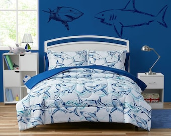 7 Piece Nautical Blue/White Comforter Set For Kids | Beautiful Shark Swimming Print Soft & Comfortable Plush Reversible Bedding Set