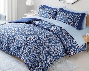 9Piece Modern Style Floral Comforter Set Bed in a Bag, All Season Beautiful Medallion Soft Lightweight Luxury Bedding with Flat Fitted Sheet