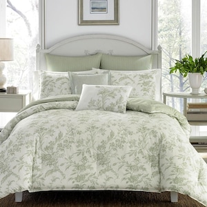 Sage Green Floral Comforter Set with Euro Shams and Throw Pillow | All Season Breathable, Comfortable, Reversible Cotton Shabby Chic Bedding