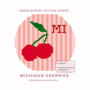 Può includere: Uno schema per ricamo a mezzo punto intitolato Michigan Cherries con una grafica pixelata di due ciliegie rosse con una foglia verde su uno sfondo circolare a righe rosa e bianche. Il testo MI, 13 mesh, instant digital download e @Simplysweetstitchco è visibile.