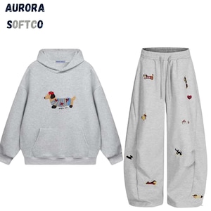 Besticktes Hunde Komfort Hoodie Set, Übergroßer Pullover Sweatshirt, Baggy Jogginghose, Unisex Streetwear Gray 2 Piece Set