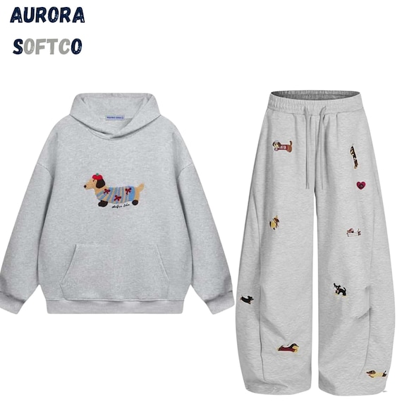 Embroidered Dog Comfort Hoodie Set, Oversized Pullover Sweatshirt, Baggy Sweatpants, Unisex Streetwear