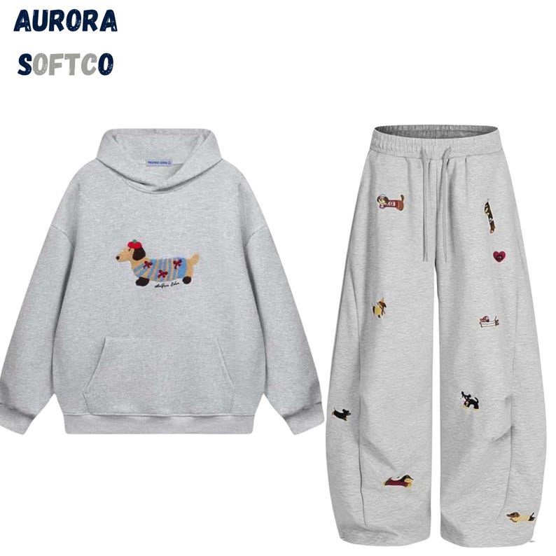 Besticktes Hunde Komfort Hoodie Set, Übergroßer Pullover Sweatshirt, Baggy Jogginghose, Unisex Streetwear Gray 2 Piece Set