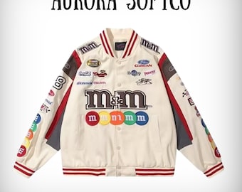 Geborduurd M&M-bommenwerpermodel NASCAR-stijl vintage race-varsityjack