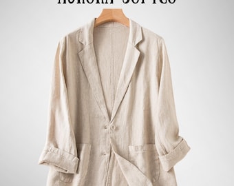 Blazer da donna oversize in lino, vestibilità ampia e casual, maniche lunghe, giacca estiva
