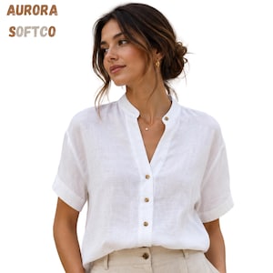 Frauen V-Ausschnitt Button-Down-Bluse, Kurzarm Stehkragen Top