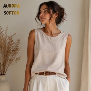 Damen-Tanktop aus Baumwollleinen, ärmellose Sommerbluse, locker sitzende Boho-Tunika