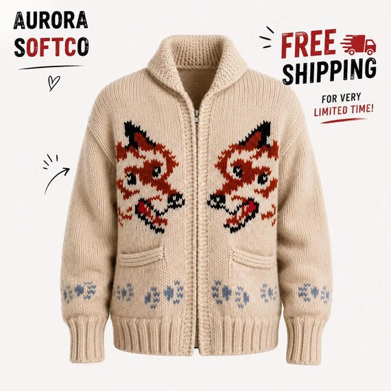 Wolf Knit Cardigan Hail Mary Inspired Nordic Zip Up Sweater Canadian Style Knitwear