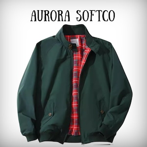 May include: A dark green jacket with a red and grey plaid lining. The jacket features a zip-up front, a collar, and two front pockets. The text "AURORA SOFTCO" is at the top of the image.
