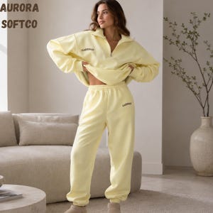 Oversized-Trainingsanzug für Damen, Sweatshirt mit Viertelreißverschluss und Jogginghose, gemütliches 2-teiliges Set, passende Loungewear