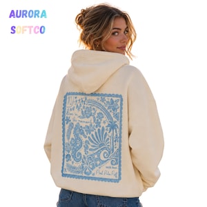 Übergroßer grafischer Hoodie, Küstenstrand-Druck Hoodie, Ozean-Sweatshirt, Unisex Pullover mit lockerer Passform, Muschel-Seepferdchen-Hoodie Geschenk