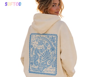 Oversized grafische hoodie, hoodie kuststrand print, oceaansweater, uniseks ontspannen pasvorm trui, zeeschelp zeepaardje hoodie cadeau