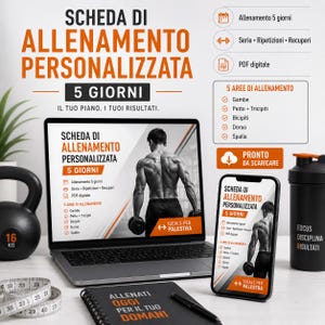 May include: A fitness-themed image featuring a laptop, smartphone, and notebook displaying workout plans. A kettlebell (16 kg), measuring tape, and a shaker bottle are also present. The text includes "Personalized Training Schedule" and "5 Days."
