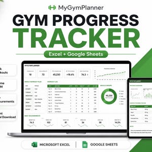 Gym Progress Tracker Excel-Google Sheets | Workout Log for Strength Training, Volume, 1RM & Body Measurements