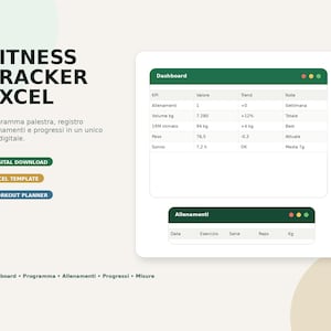 May include: A digital fitness tracker Excel template with a white background and green accents. The design includes a dashboard with data tables and the text "FITNESS TRACKER EXCEL". Buttons read "DIGITAL DOWNLOAD", "EXCEL TEMPLATE", and "WORKOUT PLANNER".