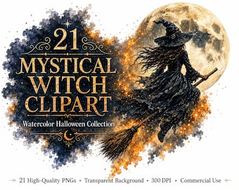 Könnte beinhalten: Eine digitale Grafik mit einer Hexe in einem schwarzen Kleid und spitzem Hut, die auf einem Besenstiel vor einem großen Vollmond fliegt. Der Text lautet 21 MYSTICAL WITCH CLIPART, Watercolor Halloween Collection, 21 High-Quality PNGs, Transparent Background, 300 DPI, Commercial Use.