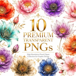 10 Gold Translucent Wildflowers Clipart, Luxury Alcohol Ink Flower PNG, High Quality Transparent PNGs, Digital download, Foil outline