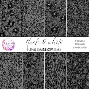 May include: A collection of eight digital files featuring black and white floral seamless patterns with white line art on a black background. The text reads Grateful Bloom, black & white, floral seamless pattern, 8 JPG images, 4000x4000px, commercial use.