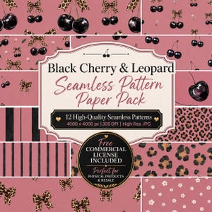 May include: A digital paper pack featuring twelve seamless patterns in shades of dusty pink, black, and brown. Designs include black cherries with leopard print bows, leopard spots, black vertical stripes, and small white flowers on a pink background.