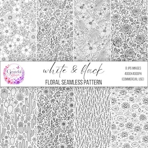 May include: A collection of eight black and white floral seamless patterns featuring various botanical illustrations including roses, cacti, and water lilies. The image includes the text white & black FLORAL SEAMLESS PATTERN and 8 JPG IMAGES 4000X4000PX.