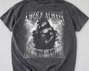 T-shirt graphique Wolf Protects Kitten, T-shirt Alpha Werewolf, T-shirt Meme