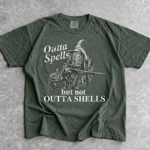 Comfort Colors Funny Wizard Gun Shirt, Vintage Outta Spells But Not Outta Shells Tees, Retro Magic Gamer Tee, Fantasy Dad Gift