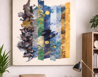 Abstract Canvas Wall Art, Modern Blue Gold Artwork, Contemporary Office Print