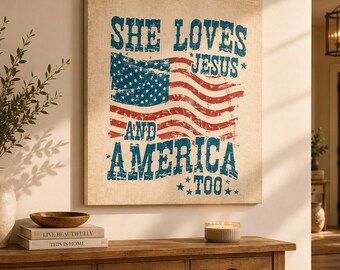 Christian Patriotic American Flag Print, Vintage Jesus Wall Art