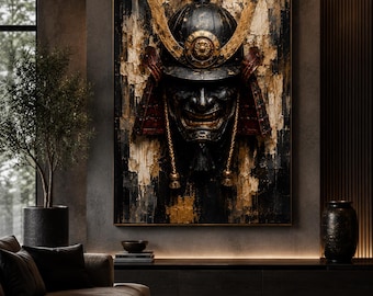 Samurai Mask Canvas Print, Japanese Warrior Black Gold Wall Art