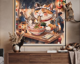 Anime Cat Ramen Canvas Print, Japanese Noodle Wall Art, Kawaii Kitchen Decor