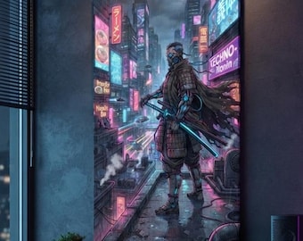 Cyberpunk Samurai Canvas Art, Futuristic Cityscape, Techno Ronin Sci-Fi, Rolled Canvas or Gallery Wrapped