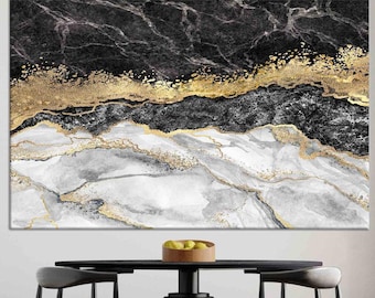 Black Gold Marble Abstract Canvas Art, Modern Luxury Statement Wall Decor
