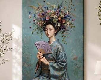 Japanese Geisha Canvas Print, Floral Japandi Wall Art, Elegant Blue Kimono Portrait