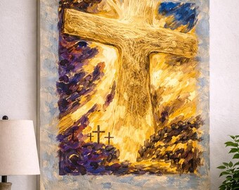 Christian Cross Canvas Print, Gold Purple Jesus Faith Artwork, Spiritual Wall Decor