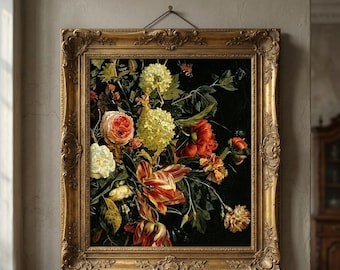 Dark Floral Baroque Canvas Print, Traditional Dutch Still Life Wall Art