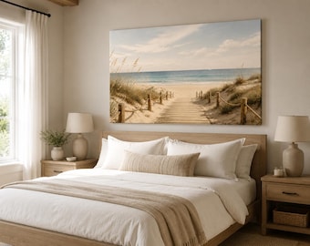 Coastal Beach Path Canvas Print, Neutral Minimalist Ocean Landscape Artwork