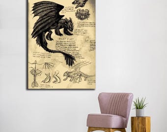 Night Fury Dragon Sketch Canvas Print, Toothless Inspired Fantasy Art