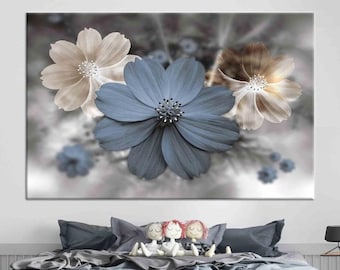 Floral Canvas Print, Blue Beige Abstract Flower Art, Modern Bedroom Decor