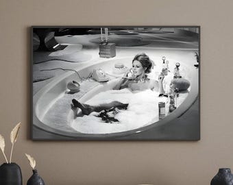 Vintage Bathtub Woman Print, Retro Glamour Bathroom Wall Art