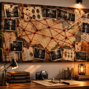 True Crime Evidence Board Canvas, Detective Investigation Map Art, Mystery Lover Decor