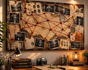 True Crime Evidence Board Canvas, Detective Investigation Map Art, Mystery Lover Decor